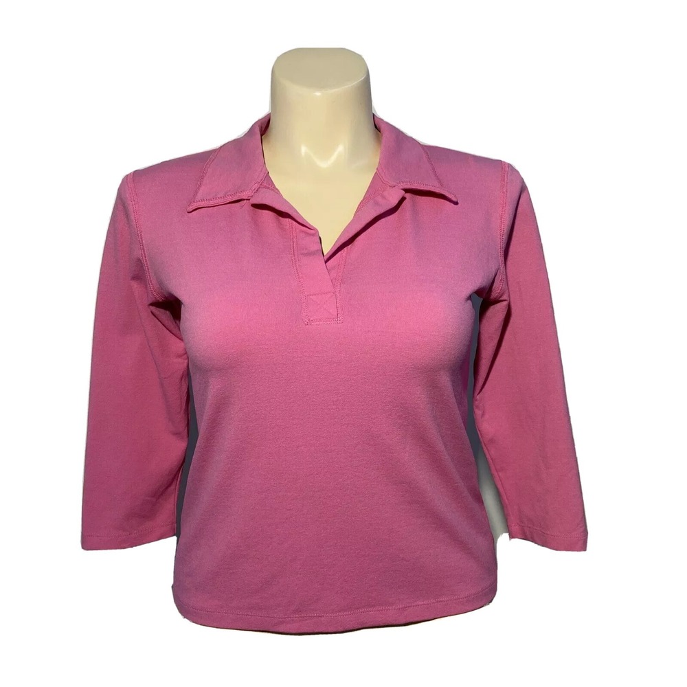 One Girl Who Top LARGE‎ Pink Polo Collar 3/4 Sl Stretch VNeck Crop Anthropologie